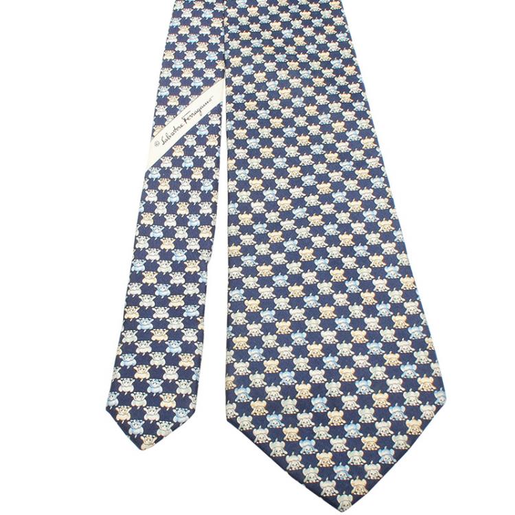 Pre Owned Salvatore Ferragamo Navy Blue Dog Silk Print Tie