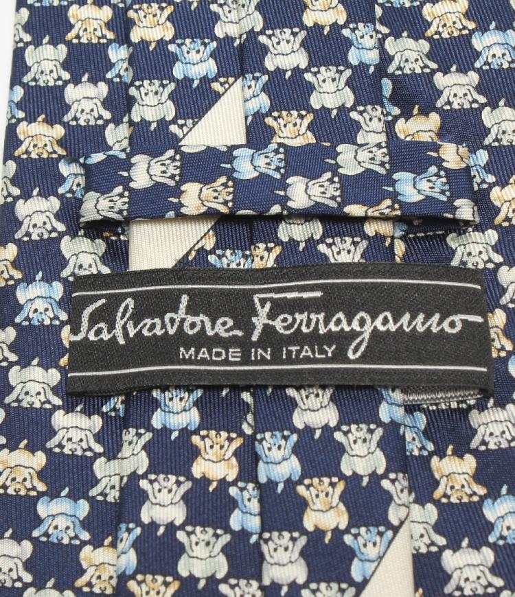 Pre Owned Salvatore Ferragamo Navy Blue Dog Silk Print Tie