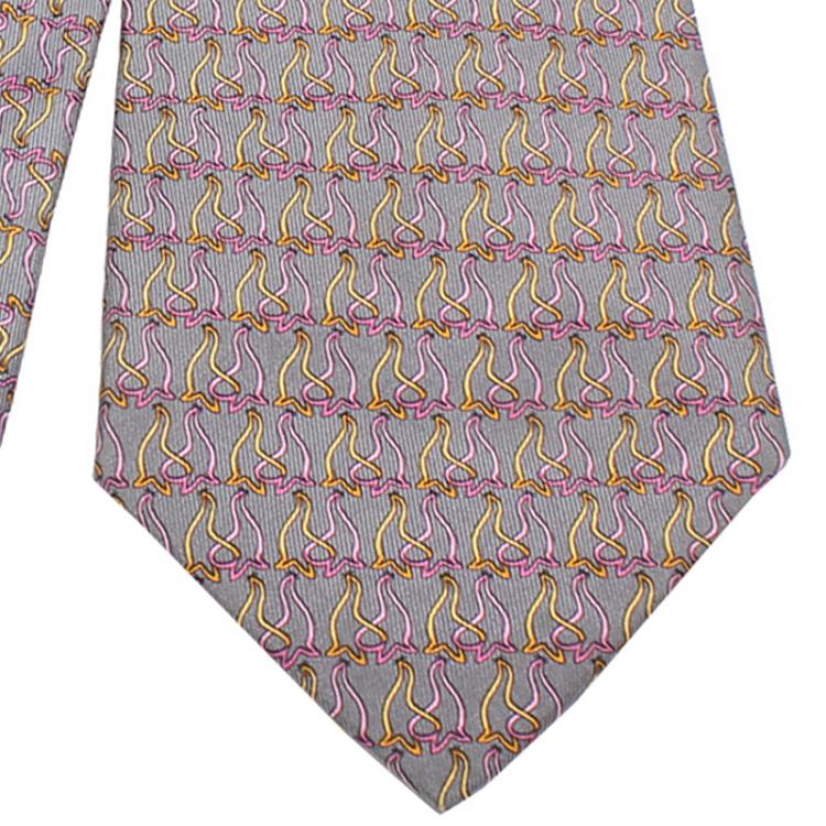 Pre Owned Salvatore Ferragamo Gray Lions Print Silk Tie
