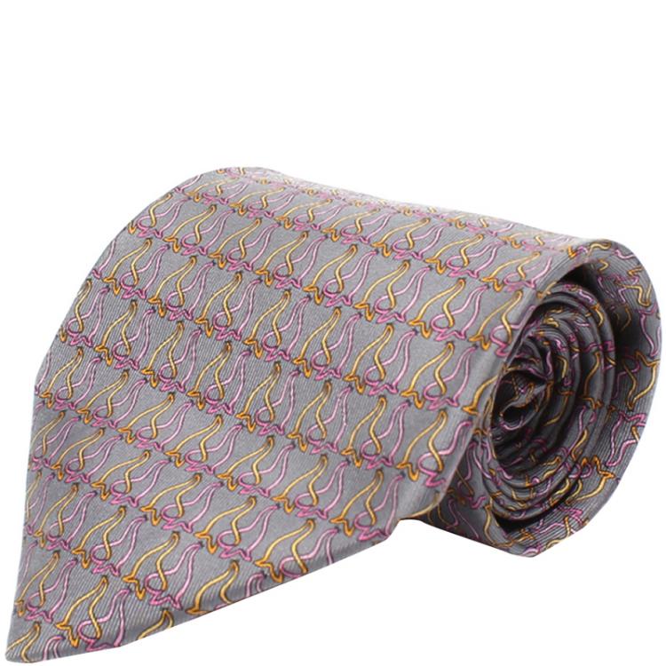 Pre Owned Salvatore Ferragamo Gray Lions Print Silk Tie