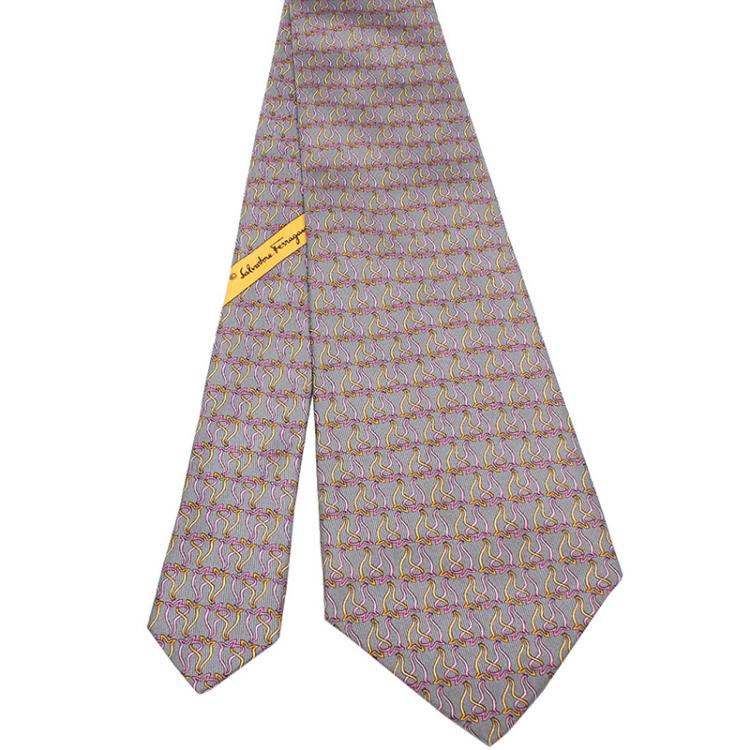 Pre Owned Salvatore Ferragamo Gray Lions Print Silk Tie
