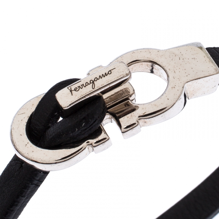 Pre Owned Salvatore Ferragamo Black Double Gancio Leather Bracelet