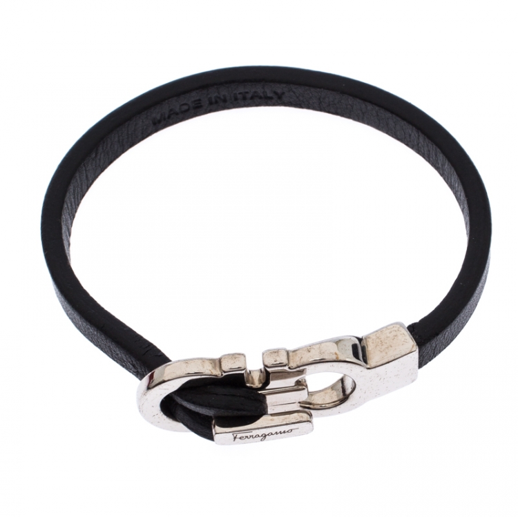 Pre Owned Salvatore Ferragamo Black Double Gancio Leather Bracelet