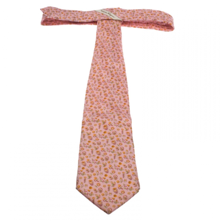 Pre Owned Salvatore Ferragamo Pink Floral Print Silk Tie
