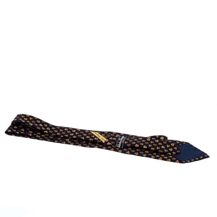 Pre Owned Salvatore Ferragamo Navy Blue Floral Print Silk Tie