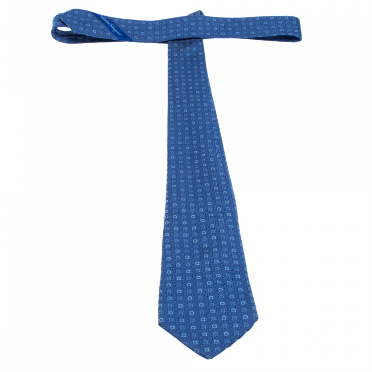 Pre Owned Salvatore Ferragamo Blue Gancini Jacquard Silk Tie