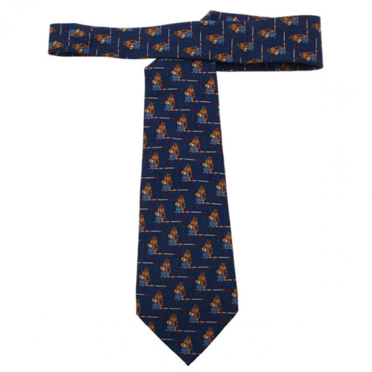 Pre Owned Salvatore Ferragamo Blue Silk Archival Horse Tie