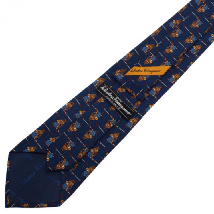 Pre Owned Salvatore Ferragamo Blue Silk Archival Horse Tie