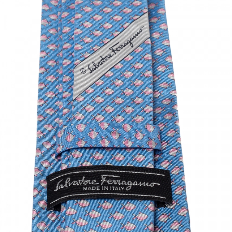Pre Owned Salvatore Ferragamo Light Blue Fish Print Silk Tie