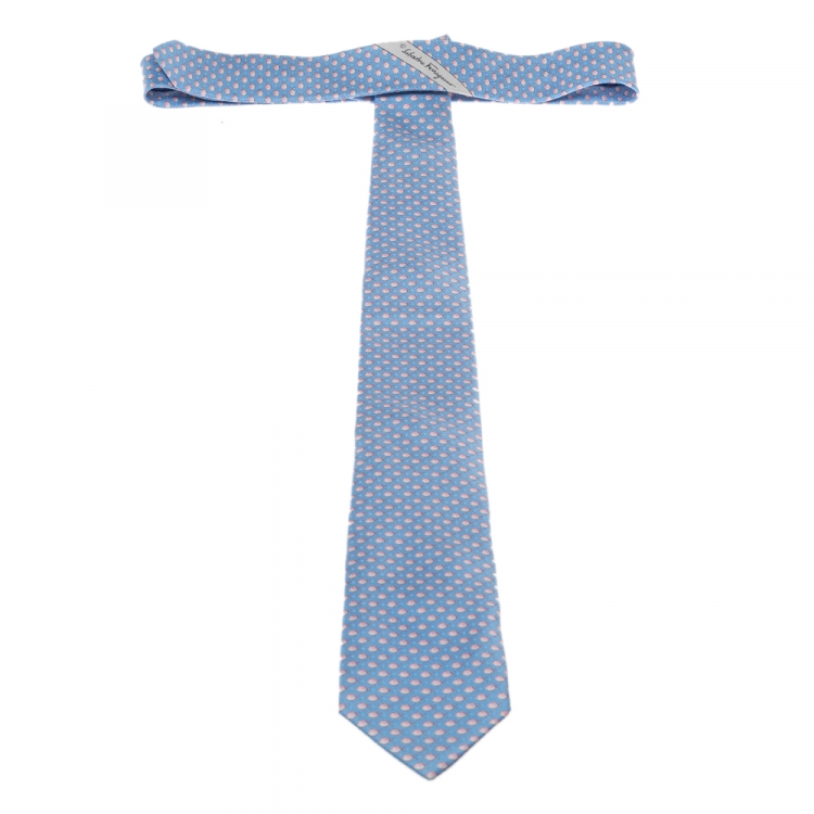 Pre Owned Salvatore Ferragamo Light Blue Fish Print Silk Tie