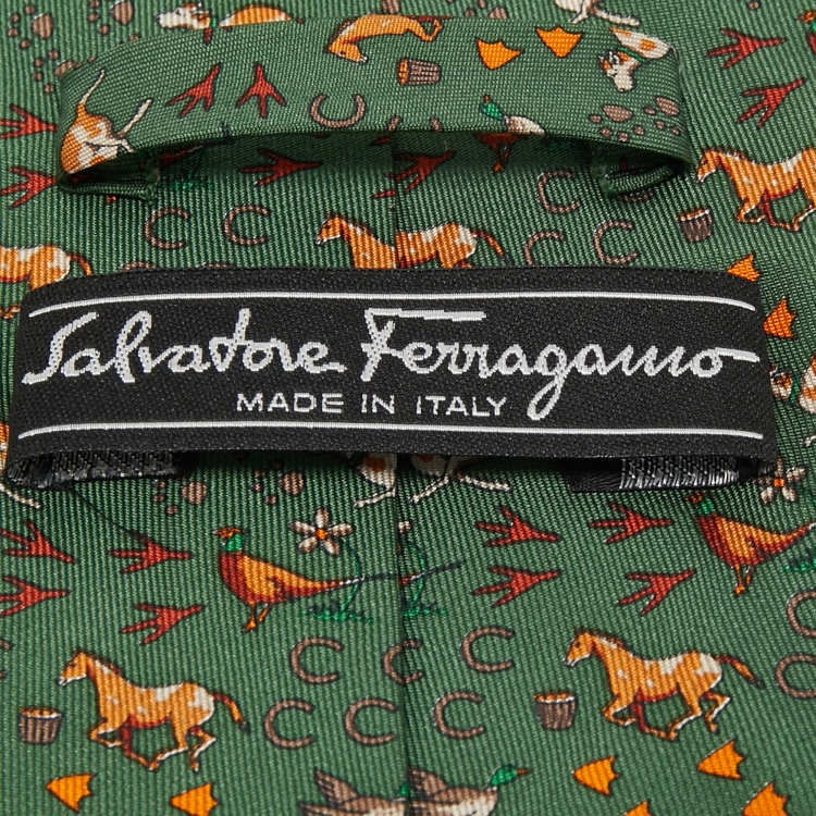 Pre Owned Salvatore Ferragamo Green Animal Print Silk Traditional Tie