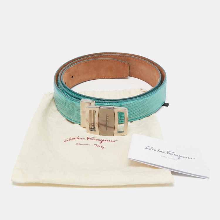 Pre Owned Salvatore Ferragamo Aqua Green Lizard Buckle Belt 105CM