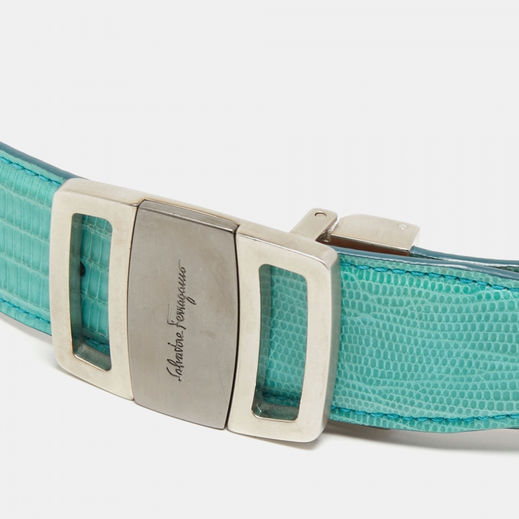 Pre Owned Salvatore Ferragamo Aqua Green Lizard Buckle Belt 105CM
