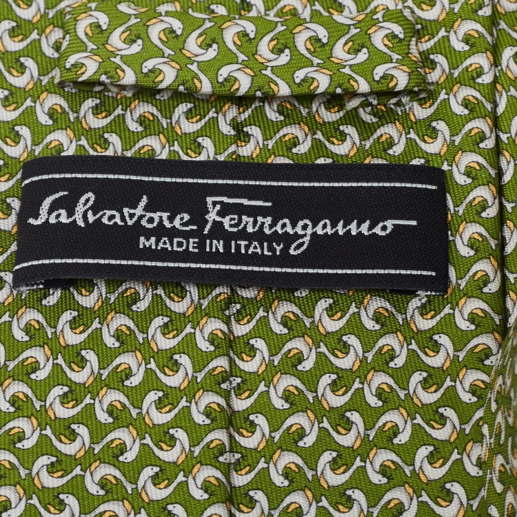 Pre Owned Salvatore Ferragamo Green Dolphin Print Silk Tie
