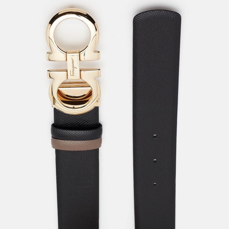 Pre Owned Salvatore Ferragamo Beige/Black Leather Gancini Reversible Cut to Size Belt 