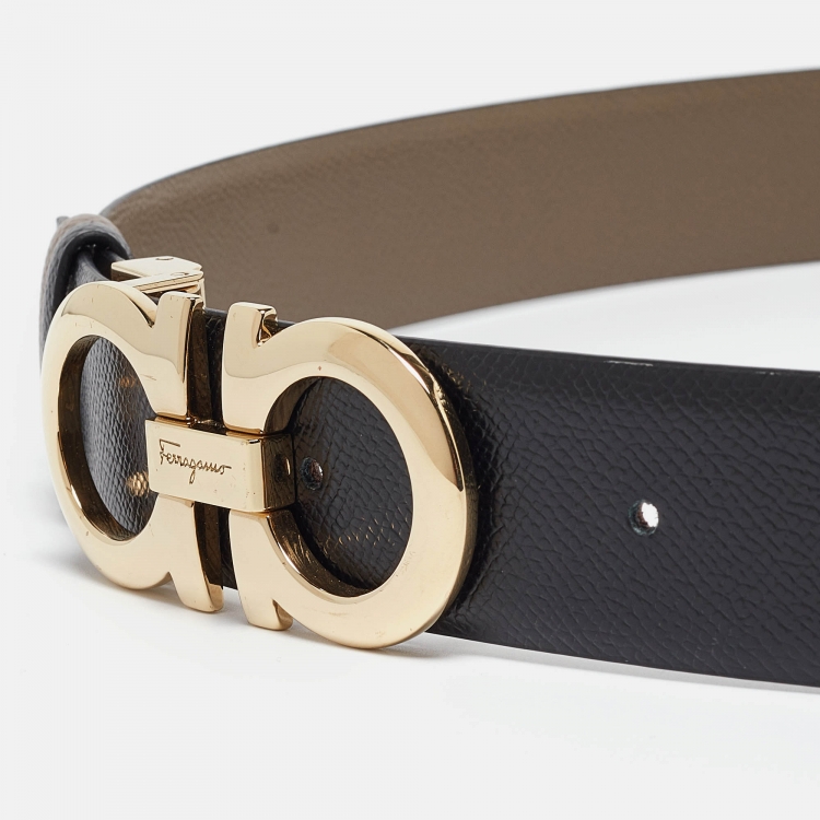 Pre Owned Salvatore Ferragamo Beige/Black Leather Gancini Reversible Cut to Size Belt 