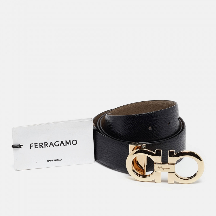 Pre Owned Salvatore Ferragamo Beige/Black Leather Gancini Reversible Cut to Size Belt 