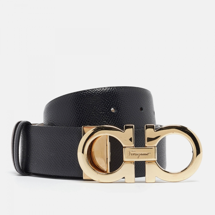 Pre Owned Salvatore Ferragamo Beige/Black Leather Gancini Reversible Cut to Size Belt 