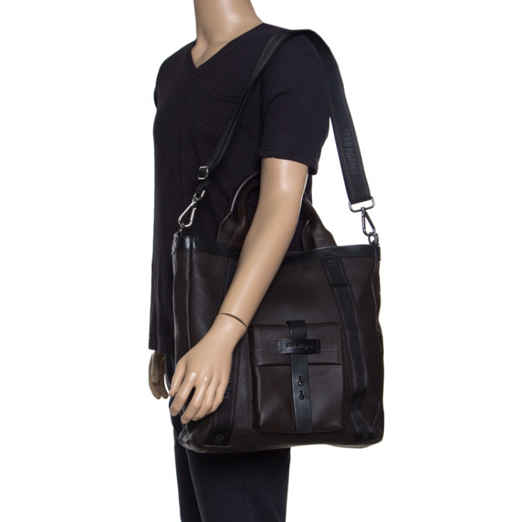 Pre Owned Salvatore Ferragamo Dark Brown Pebbled Leather Top Handle Bag