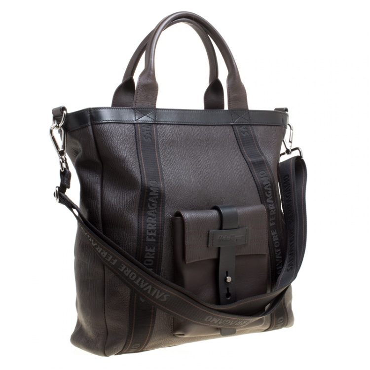 Pre Owned Salvatore Ferragamo Dark Brown Pebbled Leather Top Handle Bag