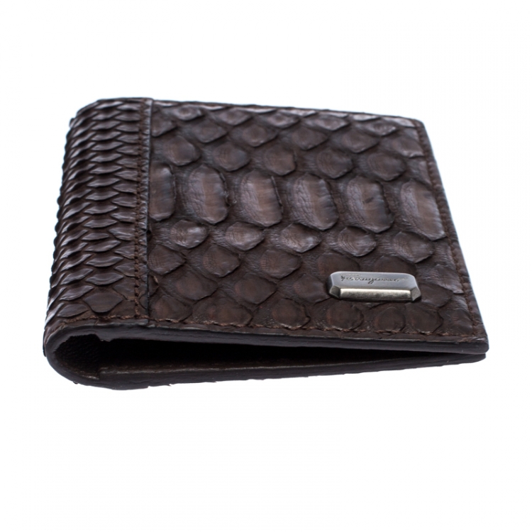 Pre Owned Salvatore Ferragamo Dark Brown Python Bifold Card Holder 