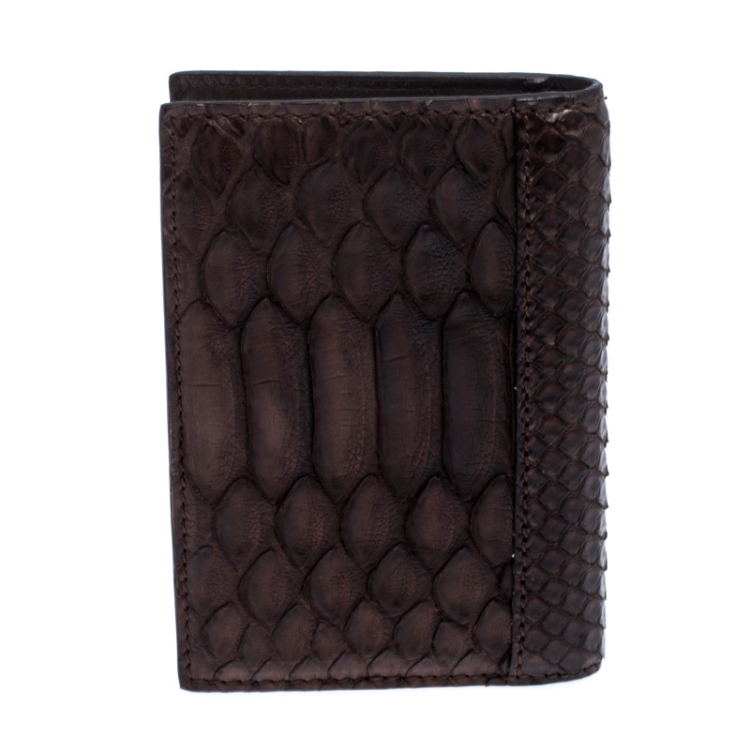 Pre Owned Salvatore Ferragamo Dark Brown Python Bifold Card Holder 