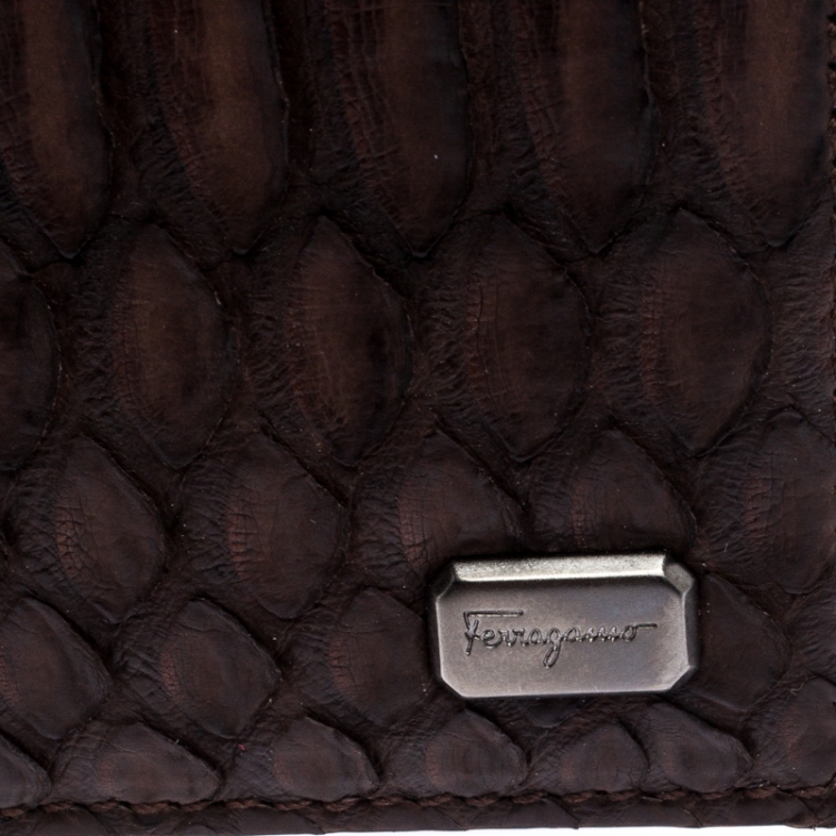 Pre Owned Salvatore Ferragamo Dark Brown Python Bifold Card Holder 