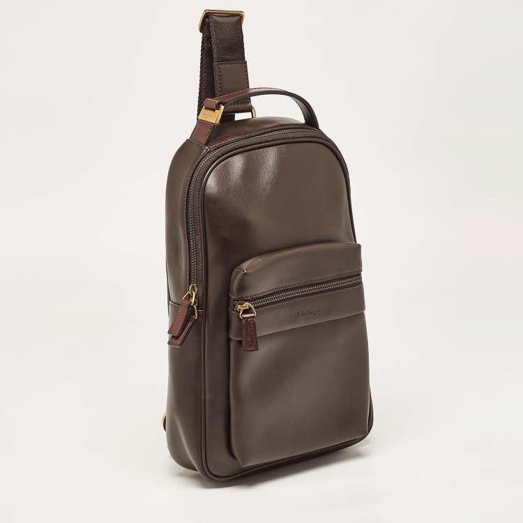 Pre Owned Salvatore Ferragamo Cafe Brown Leather Sling Backpack
