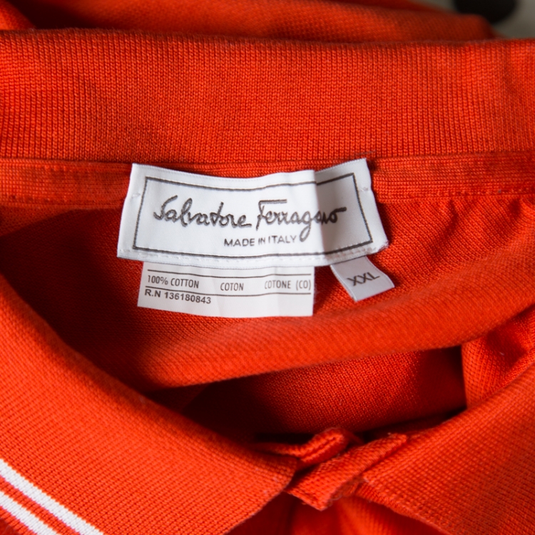Pre Owned Salvatore Ferragamo Orange Contrast Striped Trim Logo Embroidered Polo T-Shirt XXL