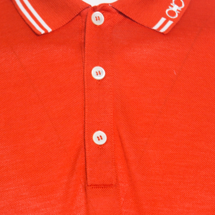 Pre Owned Salvatore Ferragamo Orange Contrast Striped Trim Logo Embroidered Polo T-Shirt XXL