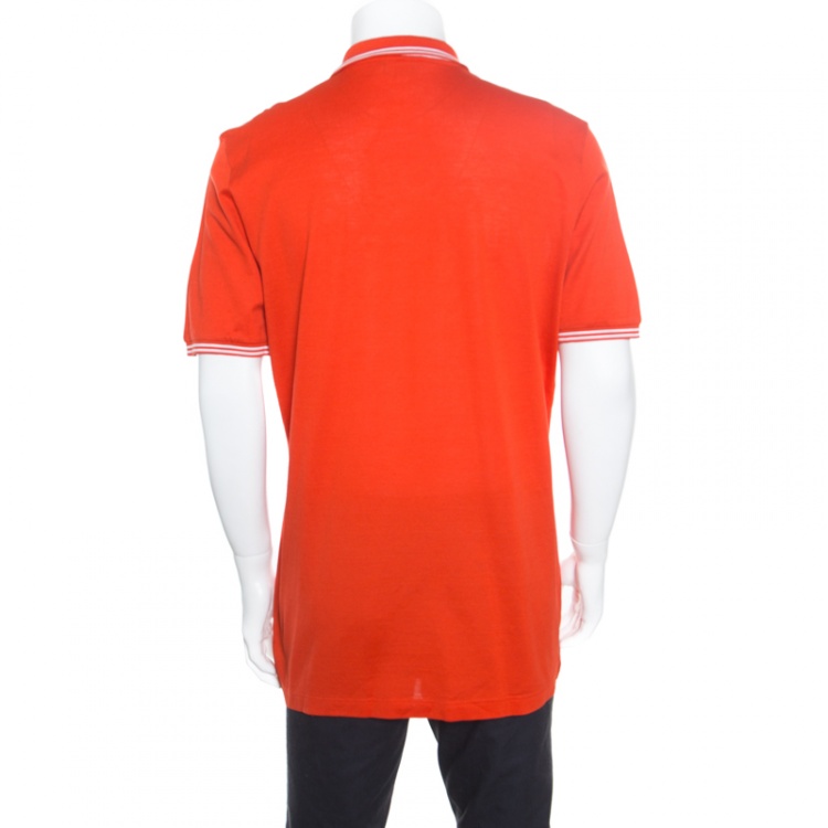 Pre Owned Salvatore Ferragamo Orange Contrast Striped Trim Logo Embroidered Polo T-Shirt XXL
