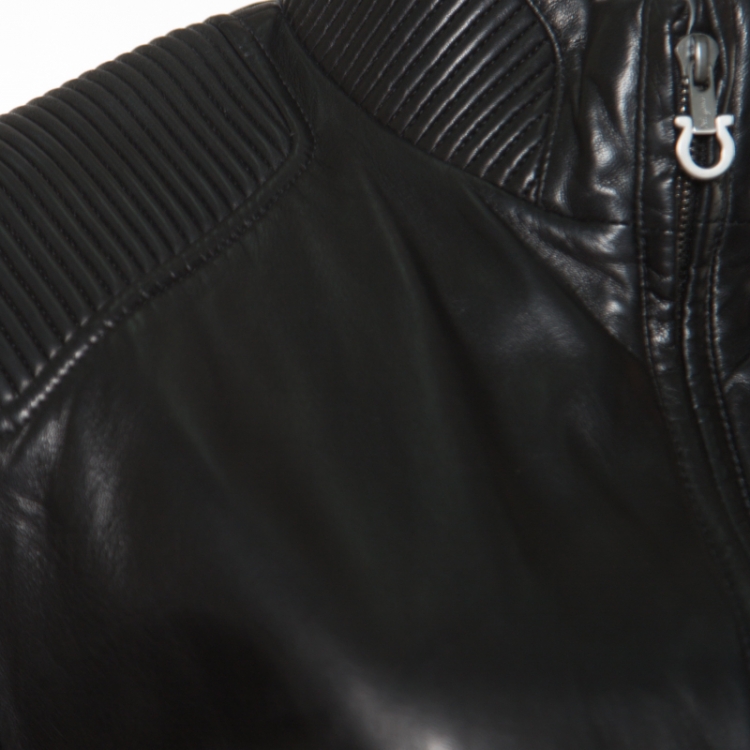 Pre Owned Salvatore Ferragamo Black Leather Quilted Shoulder Zip Front Jacket L