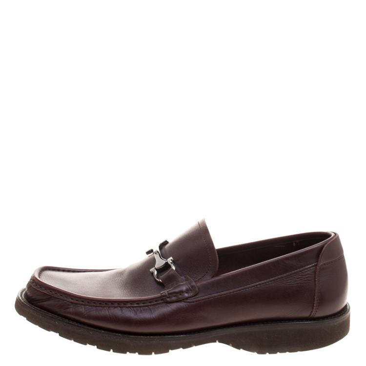 Pre Owned Salvatore Ferragamo Bordeaux Leather Horsebit Loafers Size 43.5