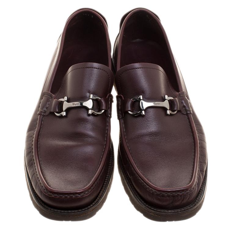 Pre Owned Salvatore Ferragamo Bordeaux Leather Horsebit Loafers Size 43.5
