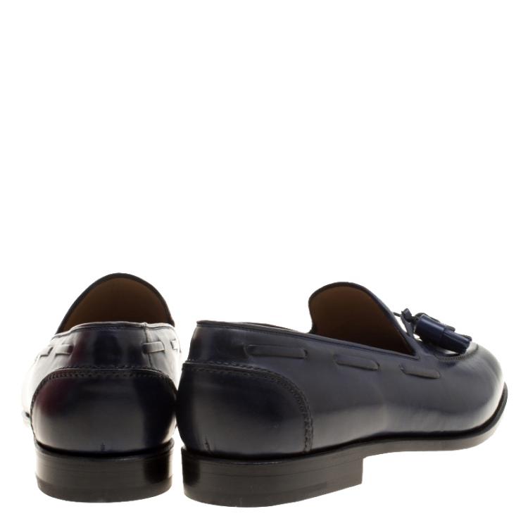 Pre Owned Salvatore Ferragamo Navy Blue Leather Loreno Tassel Loafers Size 44.5