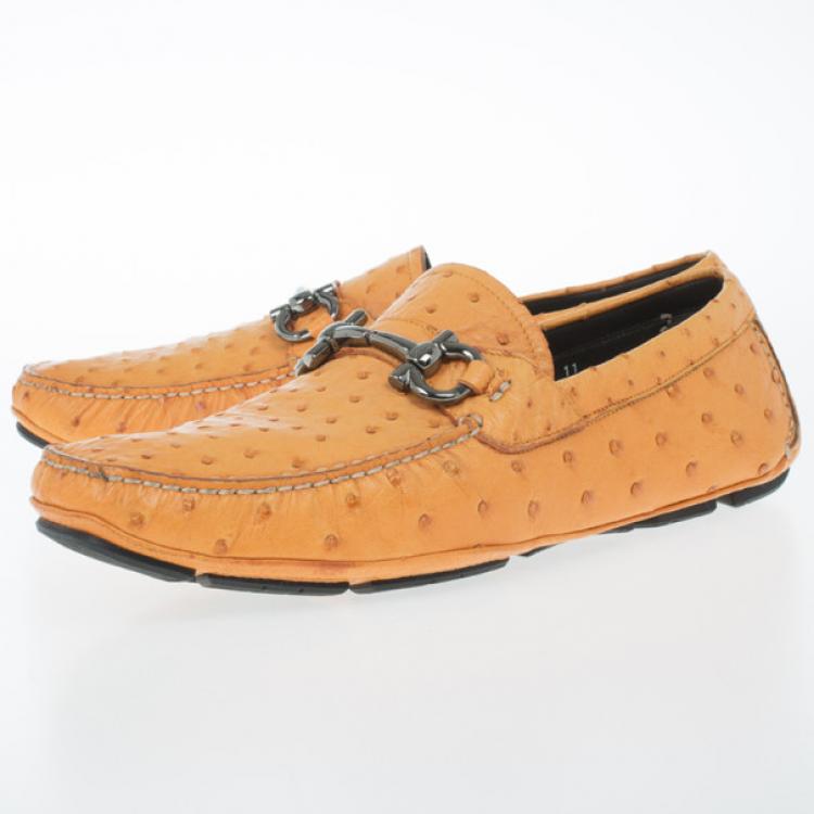 Pre Owned Salvatore Ferragamo Orange Parigi II Ostrich Driver Size 45