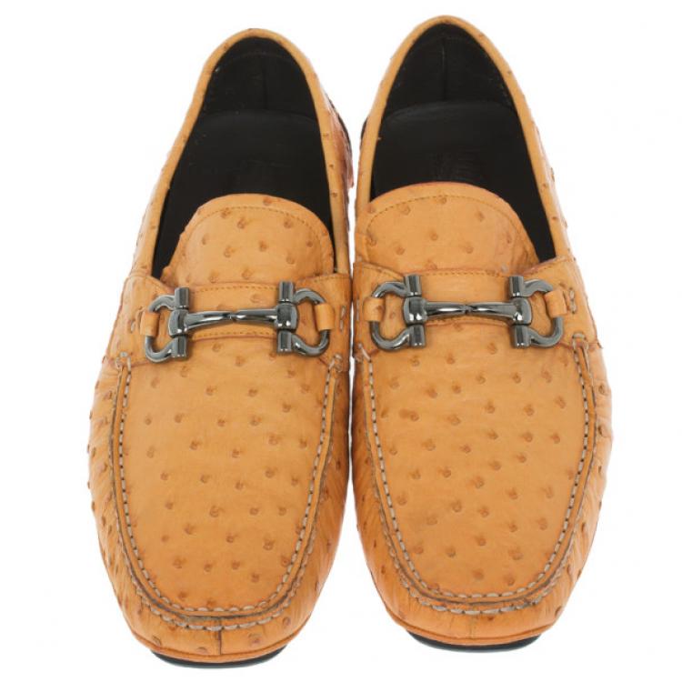 Pre Owned Salvatore Ferragamo Orange Parigi II Ostrich Driver Size 45