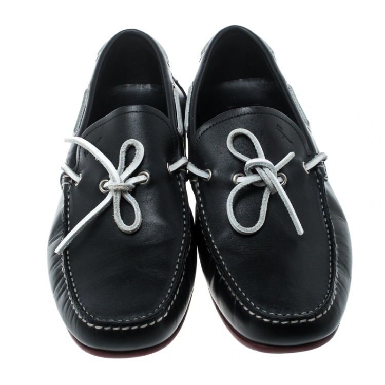 Pre Owned Salvatore Ferragamo Black Leather Contrast Bow Loafers Size 42.5