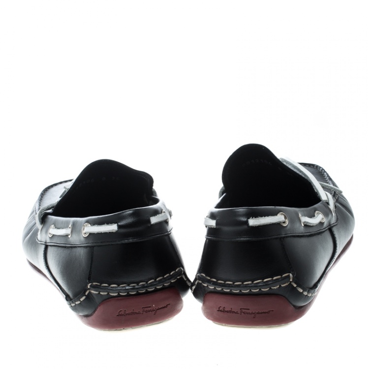 Pre Owned Salvatore Ferragamo Black Leather Contrast Bow Loafers Size 42.5