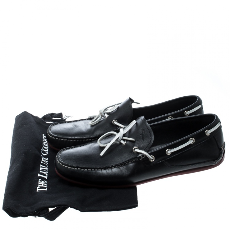 Pre Owned Salvatore Ferragamo Black Leather Contrast Bow Loafers Size 42.5