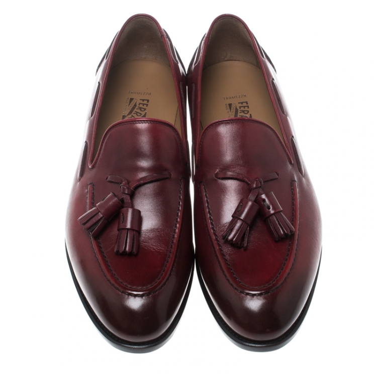 Pre Owned Salvatore Ferragamo Maroon Leather Loreno Tassel Loafers Size 43