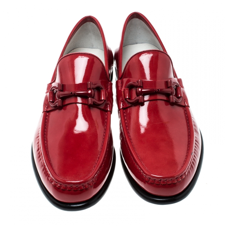 Pre Owned Salvatore Ferragamo Red Patent Leather Mason Loafers Size 42.5