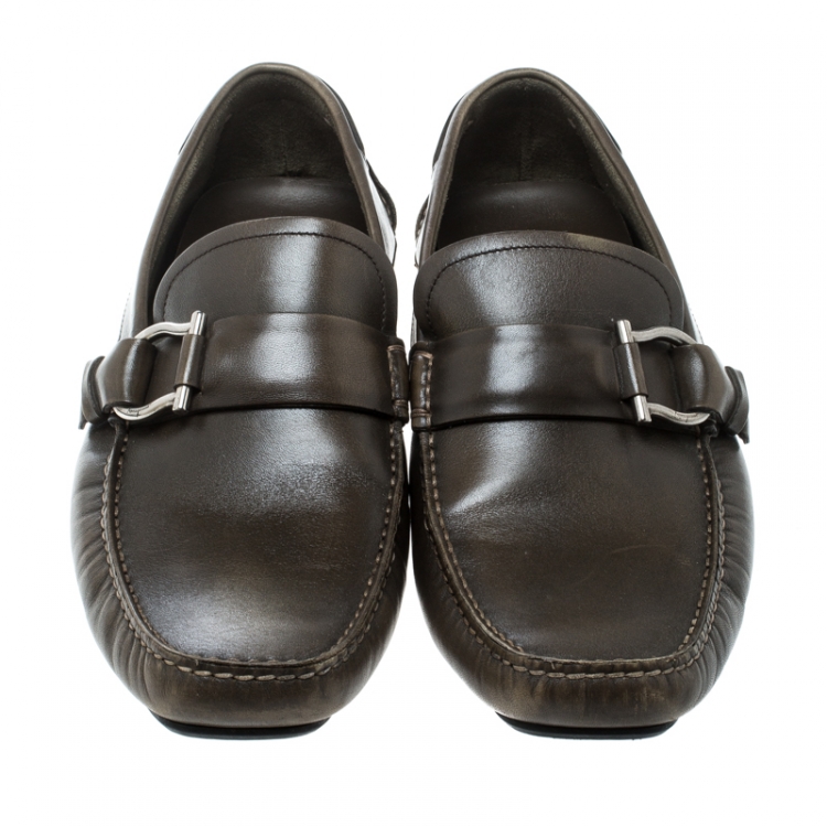 Pre Owned Salvatore Ferragamo Olive Green Leather Gancini Loafers Size 44