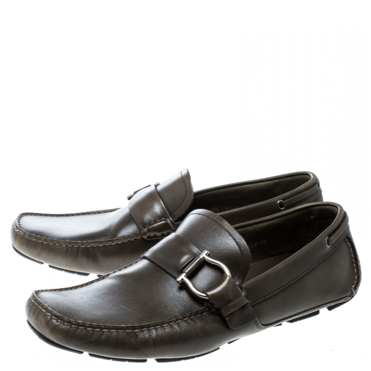 Pre Owned Salvatore Ferragamo Olive Green Leather Gancini Loafers Size 44