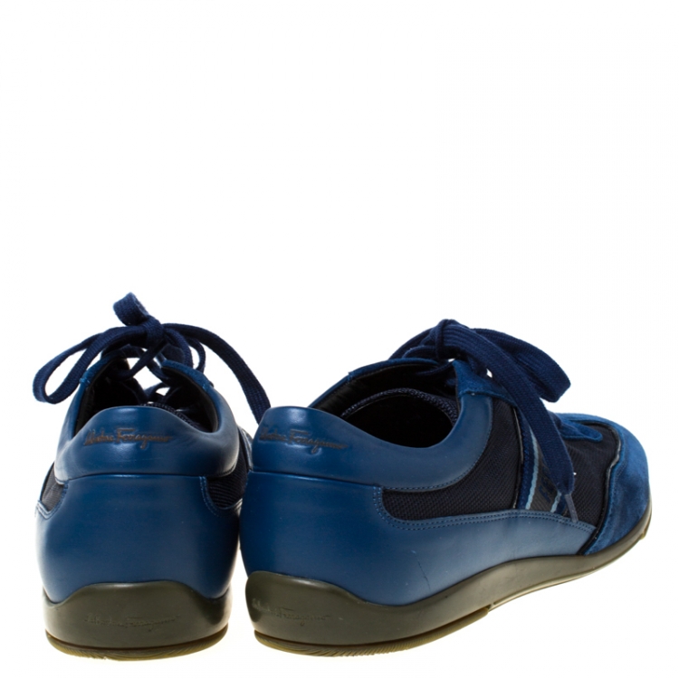Pre Owned Salvatore Ferragamo Navy Blue Fabric and Leather Lace Up Low Top Sneakers Size 45