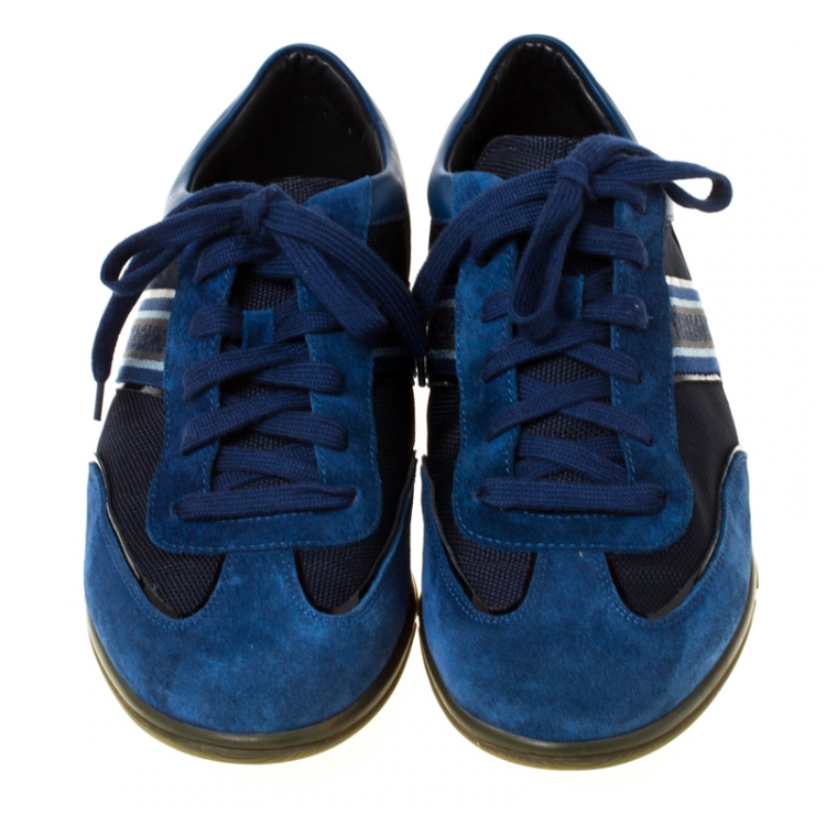 Pre Owned Salvatore Ferragamo Navy Blue Fabric and Leather Lace Up Low Top Sneakers Size 45