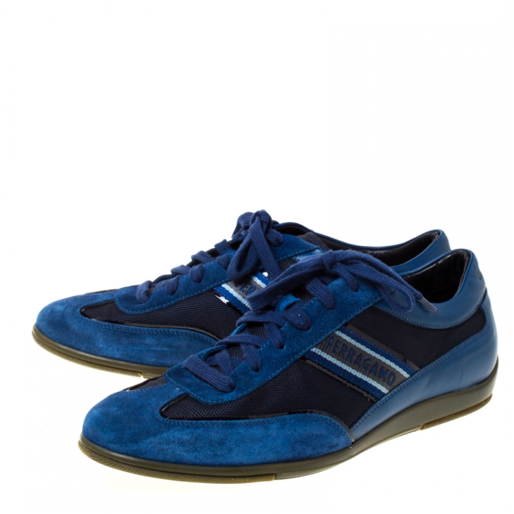 Pre Owned Salvatore Ferragamo Navy Blue Fabric and Leather Lace Up Low Top Sneakers Size 45