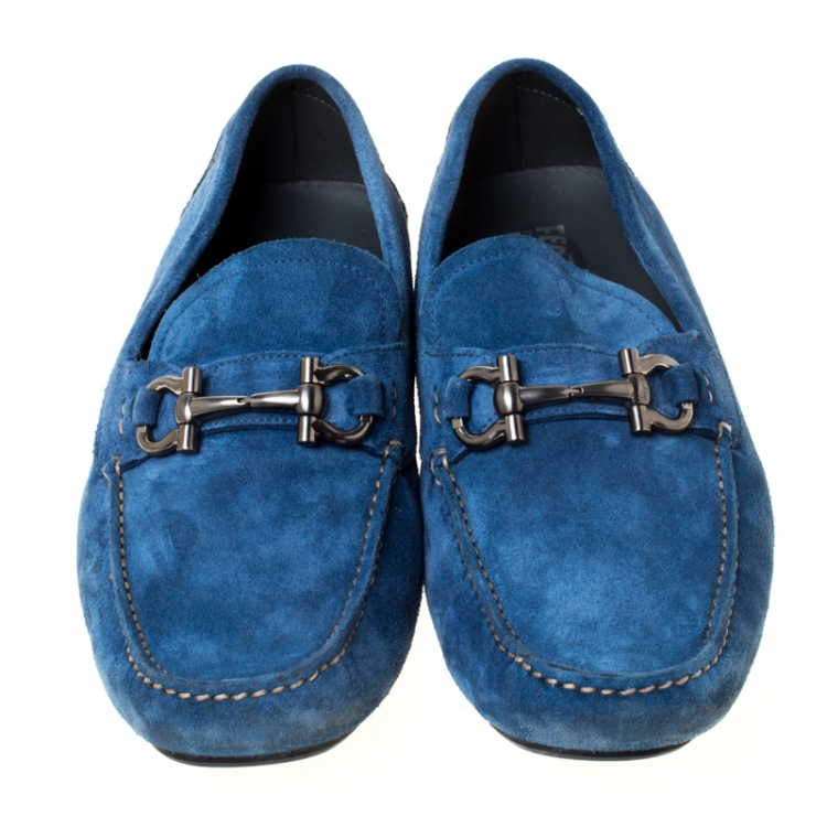 Pre Owned Salvatore Ferragamo Blue Suede Horsebit Slip On Loafers Size 43.5