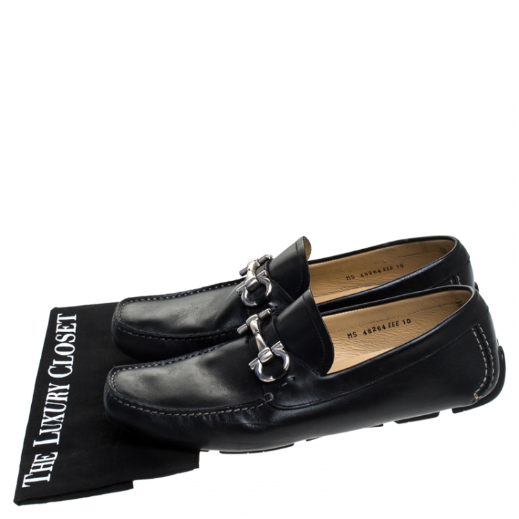 Pre Owned Salvatore Ferragamo Black Leather Parigi Gancini Driver Loafers Size 44