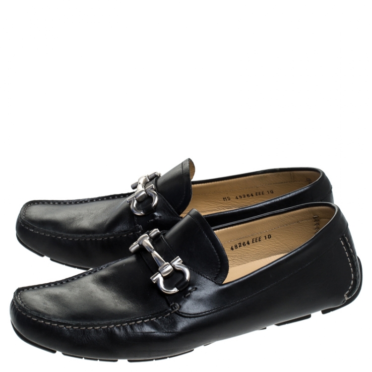 Pre Owned Salvatore Ferragamo Black Leather Parigi Gancini Driver Loafers Size 44
